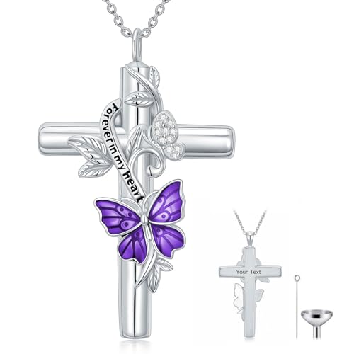 SOULMEET Enamel Butterfly Cross Urn Necklace for Ashes, Cross Moissanite Butterfly Ashes Necklaces with Forever in My Heart Engraved Keepsake Cremation Locket Jewelry for Women Men - color: E-Purple, style: Custom Engraved