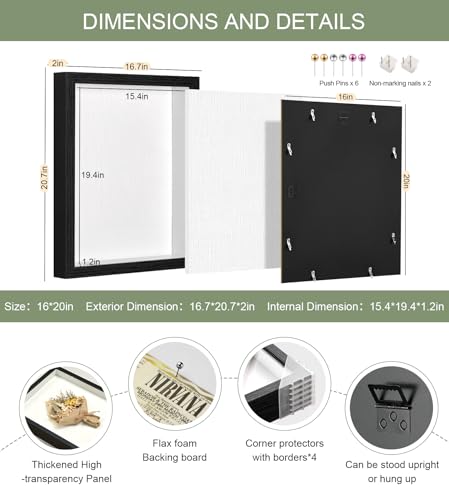 16x20 Large Shadow Box Frame with Thickened Acrylic Panel & Pins - color: Black+foam Back+foam Packaging, size: 16x20