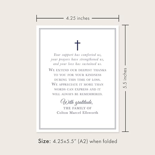 Navy Blue Funeral Thank You Cards with Cross | Personalized, 4.25x5.5, Sympathy Acknowledgement Cards, With Envelopes, Folded Card