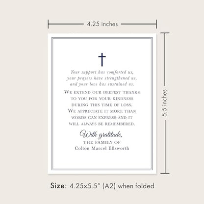 Navy Blue Funeral Thank You Cards with Cross | Personalized, 4.25x5.5, Sympathy Acknowledgement Cards, With Envelopes, Folded Card