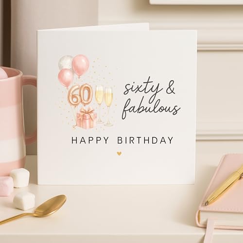 TEEMI-40th 50th 60th Birthday Card for Women - Fabulous Birthday Greeting Card with Envelope, Rose Gold Balloons Champagne Design, 300gsm Premium Cardstock, Blank Inside for Mom Sister Friend Wife (60th) - color: 60th