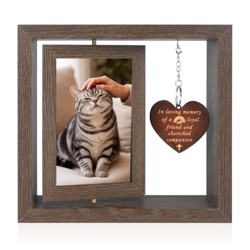 Pet Memorial Gifts for Loss of Cat, Rotating Wooden Pet Memorial Picture Frame for 4x6 Photo, Loss of Cat Sympathy Remembrance Bereavement Keepsake Gift - color: cat
