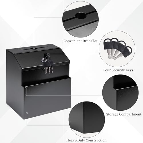 Suggestion Box with Slot and Lock, Wall Mounted Metal Voting Box, Donation Box, Cash Box with 4 Keys
