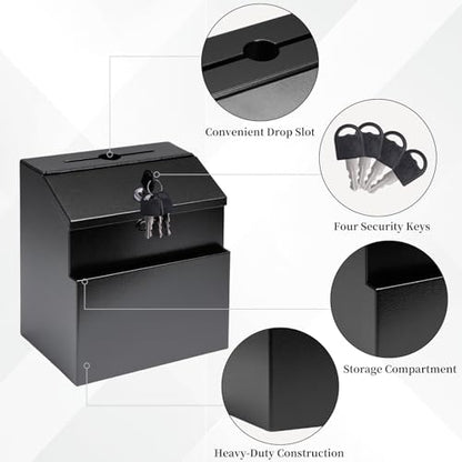 Suggestion Box with Slot and Lock, Wall Mounted Metal Voting Box, Donation Box, Cash Box with 4 Keys