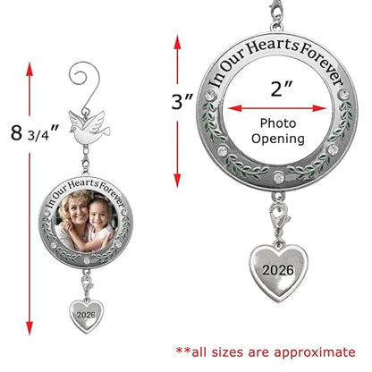 Memorial Christmas Photo Ornaments 2026, Set of 2 Remembrance Keepsakes with in Our Hearts Forever Sentiment, Clear Gems, Floral Accents, Dove Hooks and Gift Storage Bags, Holds 2 Inch Photos, 3 Inch - size: 2 Pack