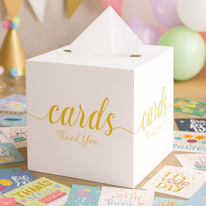 White and Gold Card Box for Party Graduation, Baby Bridal Shower, Birthday, Funeral, Wedding 7.8 x 7.8 x 7.8 In Gift Card Holder Box for Reception Raffle Voting Box with Slot - color: WhiteGoldTks