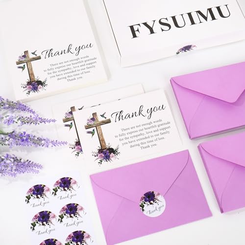 FYSUIMU 50Pcs Funeral Thank You Cards Boxed Purple Floral Cross Sympathy Thank You Cards with Sticker Envelope Bereavement Card for Memorial Service Loved Ones Celebration of Life - style: Purple Floral