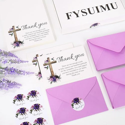 FYSUIMU 50Pcs Funeral Thank You Cards Boxed Purple Floral Cross Sympathy Thank You Cards with Sticker Envelope Bereavement Card for Memorial Service Loved Ones Celebration of Life - style: Purple Floral