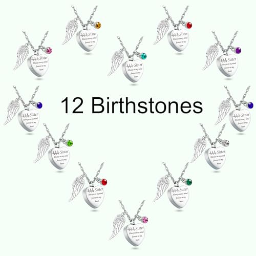 Gredstar Heart Urn Necklace for Ashes, ECG Memorial Pendant | Heartbeat Line, Angel Wing, 12 Birthstones, Stainless Steel, Screw Closure, Funnel & Box Included - style: Sister