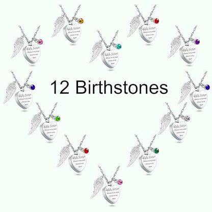 Gredstar Heart Urn Necklace for Ashes, ECG Memorial Pendant | Heartbeat Line, Angel Wing, 12 Birthstones, Stainless Steel, Screw Closure, Funnel & Box Included - style: Sister