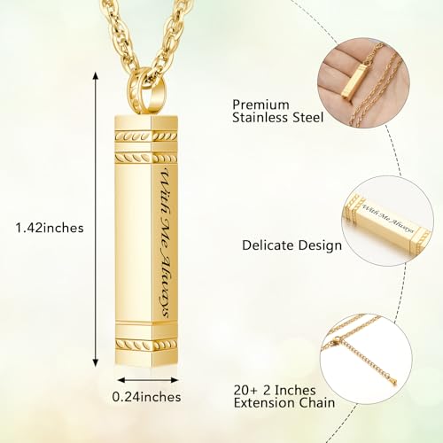 abooxiu Urn Necklace for Ashes Memorial Cremation Jewelry for Ashes Stainless Steel Ashes Jewelry Cube Ashes Necklace Bar Urn Pendant for Women Men - style: With Me Always-Gold