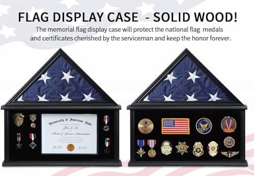 American Flag Shadow Box 5x9.5 Wooden Certificate Holder Black | solid wood frame,transparent real glass,walnut finish,wall desktop use,for military flag medal certificate display - size: Large-Black
