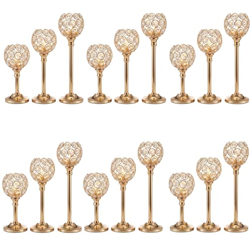 Candle Holder Candlestick Holders- 6Set Gold Crystal Pillar Candle Holders,Metal Candlestick Stands for Wedding Centerpieces,Table Decor for Church,Valentine's Day Housewarming Gift,18Pcs - size: 18Pcs
