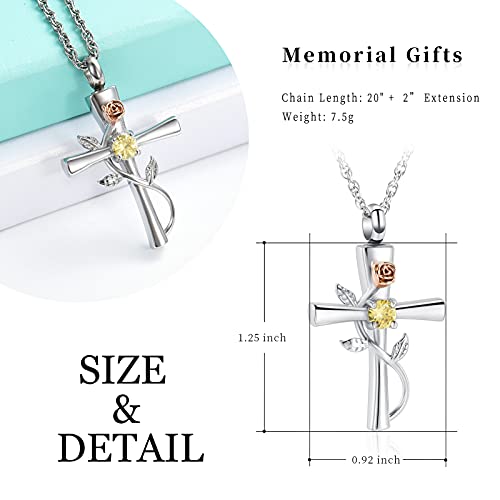 shajwo Cross Urn Necklace for Ashes Birthstone Rose Flower Cremation Jewelry for Women Gilrs Keepsake Memorial Ashes Pendant - color: Yellow