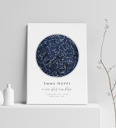 BlissfulMelodyDesign Custom Star Sky Map Print, Navy Watercolor Texture Zodiac Constellation, Wedding Anniversary Birthday Newborn Gift, Wall Art Prints (One Circle) - style: One Circle