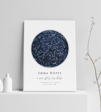 BlissfulMelodyDesign Custom Star Sky Map Print, Navy Watercolor Texture Zodiac Constellation, Wedding Anniversary Birthday Newborn Gift, Wall Art Prints (One Circle) - style: One Circle