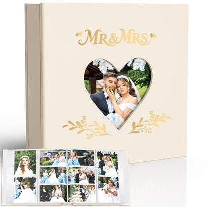 Wedding Photo Album 4x6 400 Pockets, Beige Leather Memory Book Gift - color: Album Heart