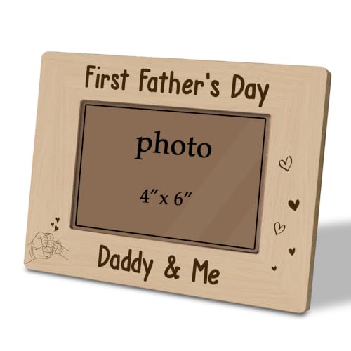 First Father’s Day Picture Frame for 4 x 6 Photo, Rustic Thoughtful Wooden Daddy and Me Keepsake with Fist Bump Design, Heartwarming Gift for New Dad - color: Father17