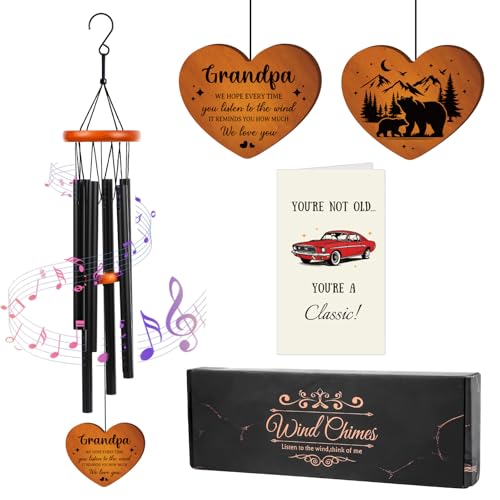 Grandpa Gifts Wind Chimes for Outside - Metal Windchime with Wooden Pendant, Greeting Card & Black Box - Unique Memorial Birthday Gift for Grandfather from Grandkids, Garden Hanging Decor - color: Grandpa Gifts Wind Chimes