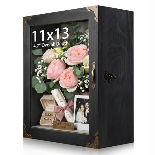 Shadow Box Frame 11x13, Overall Depth 4.7" Deep Display Case with Glass Door, Solid Wood Shadow Box for Memorabilia, Keepsakes, Medals, Photos and Collectibles - color: Black