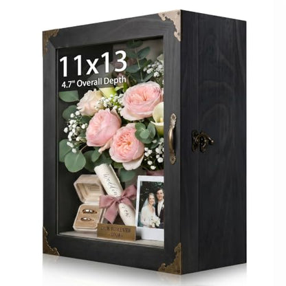Shadow Box Frame 11x13, Overall Depth 4.7" Deep Display Case with Glass Door, Solid Wood Shadow Box for Memorabilia, Keepsakes, Medals, Photos and Collectibles - color: Black
