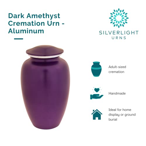 Dark Amethyst Cremation Urn for Ashes, Aluminum, Purple Urn, Adult Sized Cremation Urn, 10.5 Inches High - color: Dark Amethyst