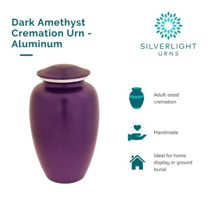 Dark Amethyst Cremation Urn for Ashes, Aluminum, Purple Urn, Adult Sized Cremation Urn, 10.5 Inches High - color: Dark Amethyst