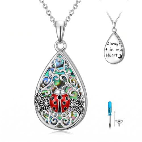 WINNICACA Urn Necklaces for Ashes 925 Sterling Silver Butterfly Hummingbird Dragonfly Teardrop Ash Necklace Cremation Jewelry Urn Pendants for Women Memorial Gifts for Birthday Christmas Funeral - style: 13-Ladybug Urn Necklace