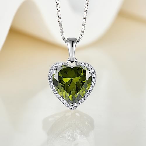 925 Sterling Silver Halo Heart Necklace for Women | Lwsary Love Heart Necklace, Heart Cut Birthstone Jewelry for Her - color: Olive Green