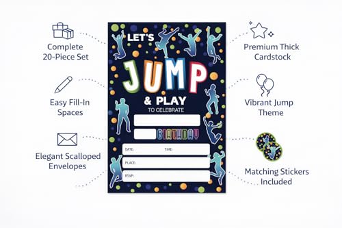 Trampoline Jump Birthday Party Invitations, Bounce House Birthday Invitations For Boys Girls Birthday Invites, Theme Birthday Party Decorations, 20 Invitations with 20 Envelopes