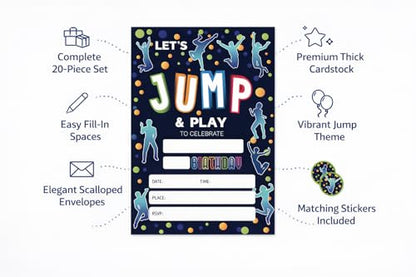 Trampoline Jump Birthday Party Invitations, Bounce House Birthday Invitations For Boys Girls Birthday Invites, Theme Birthday Party Decorations, 20 Invitations with 20 Envelopes