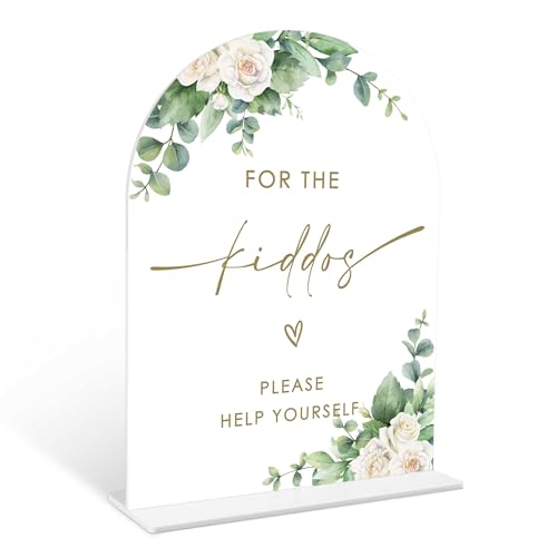 Eucalyptus Rose For the Kiddos Favors Sign, 6 x 8 Inch White Arch Acrylic Wedding Sign with Holder, Wedding Sign for Ceremony and Reception, Wedding Decoration, Wedding Supplies - AM27 - color: Rose For the Kiddos Favors, size: Eucalyptus 6X8IN