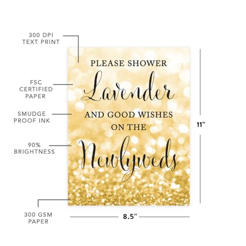 Andaz Press Wedding Party Signs, Glitzy Gold Glitter, 8.5x11-inch, Please Shower Lavender and Good Wishes on the Newlyweds, 1-Pack, Lavender Ceremony Exit Toss Sign - color: Activities Lavender