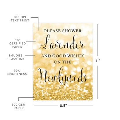 Andaz Press Wedding Party Signs, Glitzy Gold Glitter, 8.5x11-inch, Please Shower Lavender and Good Wishes on the Newlyweds, 1-Pack, Lavender Ceremony Exit Toss Sign - color: Activities Lavender