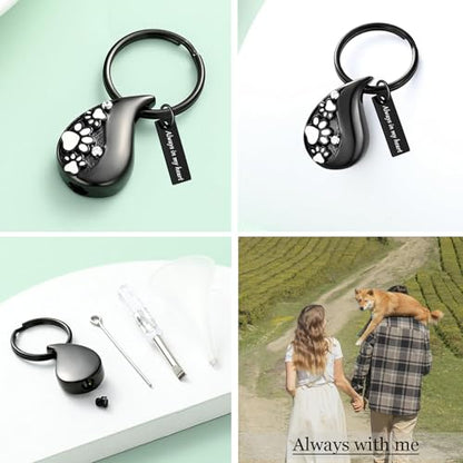 Hearbeingt Teardrop Urn Keychain for Ashes Tree of Life Cremation Jewelry - color: Paw Print-black