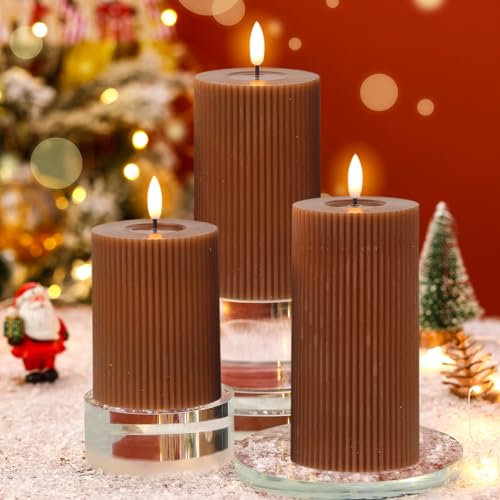 Brown Battery Operated Flameless Candles with 6 Hour Timer | 3D Wick Flickering LED Pillar Candles, Vertical Stripe Wax, Dinner Wedding Christmas Holiday Decor, 3"Dx5",6",7"H, 3 Pack - color: 7-3 Pack Brown Timer