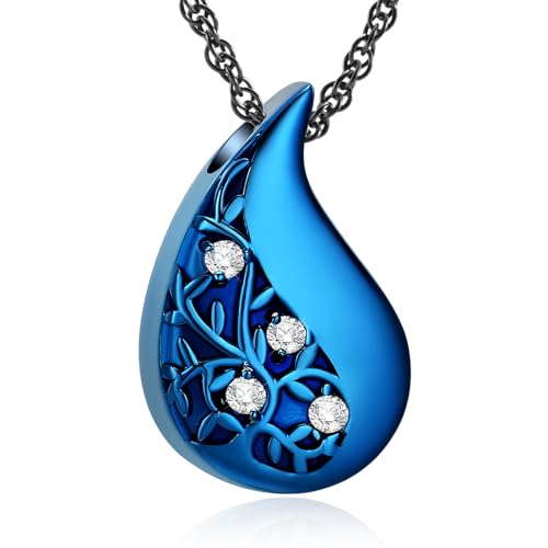 Tree of Life Teardrop Urn Necklace for Ashes Teardrop Crystal Cremation Jewelry Celtic knot Ashes Pendant Stainless Steel Keepsake Memorial Jewelry for Women Men - color: Blue