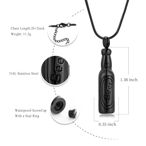 Oinsi Beer Bottle Cremation Jewelry for Ashes Stainless Steel Cylinder Tube Memorial Urn Necklace Keepsake Pendant Jewelry for Human Ashes with Filling Kits - color: A-Black