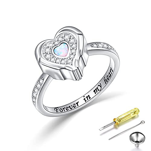 925 Sterling Silver Lab Opal Heart Urn Ring for Ashes Angel Wings Cremation Jewelry Memorial Keepsake Rings for Women Girls Easter Gifts