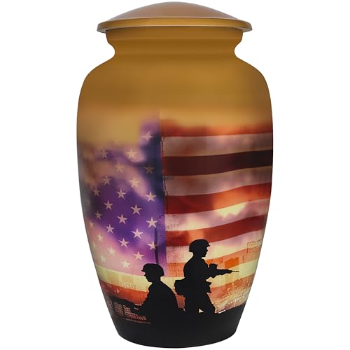 NANIURN Military Urn, Urns for Human Ashes, Brown American Flag Burial Urn | Urn for Ashes with Brown Soldier Flag, Large Adult Cremation Urn for Veteran Funeral, Cremated Remains and Memorial Display - color: Brown, size: Large / Adult