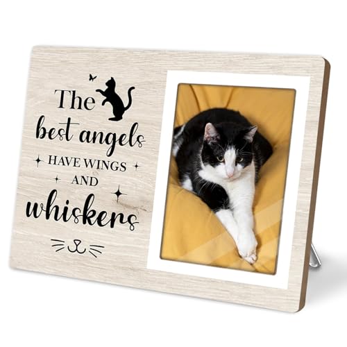 Cat Picture Frame, Cat Memorial Wooden Photo Frame, Pet Remembrance Gift, Sympathy Gift for Pet Owner, Cat Memorial Gifts for Loss of Cat, The Best Angels Have Wings and Whiskers (Beige, 4 x 6 Photo) - color: Beige