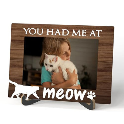 Pet Photo Frame - You Had Me At Meow Wooden Tabletop Picture Frame With Stand - Best Cat Ever Photo Frame - I Love My Cat Gifts - Cat Frame Gifts For Cat Lover -57