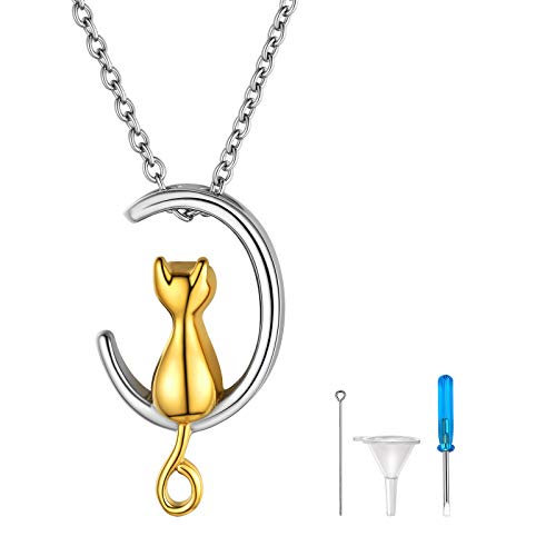 FindChic Personalized Urn Necklaces for Ashes Vertical Bar/Moon Cat/Sand Clock/Dog Claw Pendant Stainless Steel/18K Gold Plated/Black Waterproof Keepsake Cremation Jewelry with Funnel, with Gift Box - color: 2. cat (gold)