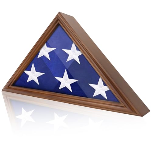 ASmileIndeep Flag Display Case - 5' x 9.5' Funeral & Military Flag Shadow Box with HD Tempered Glass and Wall Mount, Folded Triangle Flag Holder Frame for Veterans, Walnut - size: For 5' x 9.5' Flag-Walnut