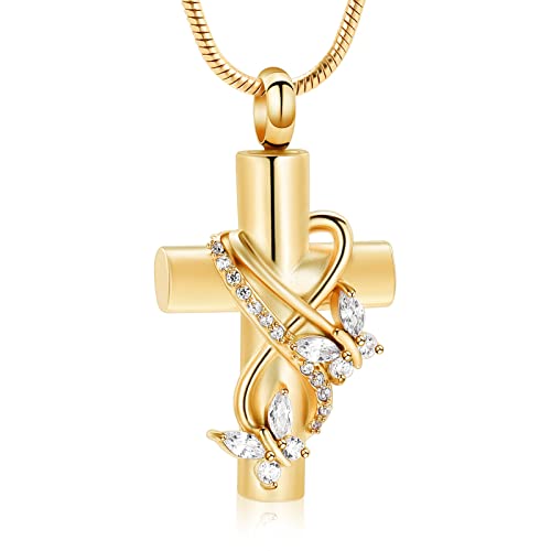Imrsanl Butterfly Cross Urn Necklace for Ashes Men Women Cremation Jewelry Ashes Pendant for Human Memorial Ash Jewelry - color: Gold