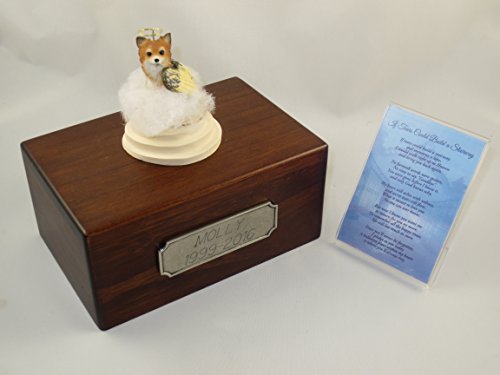 Beautiful Paulownia Small Wooden Urn with Tan & White Long Hair Chihuahua Stairway to Heaven Figurine with Poem & Personalized Pewter Engraving - color: Tan and White Longhair Chihuahua Angel "If Tears Could Build a Stairway"