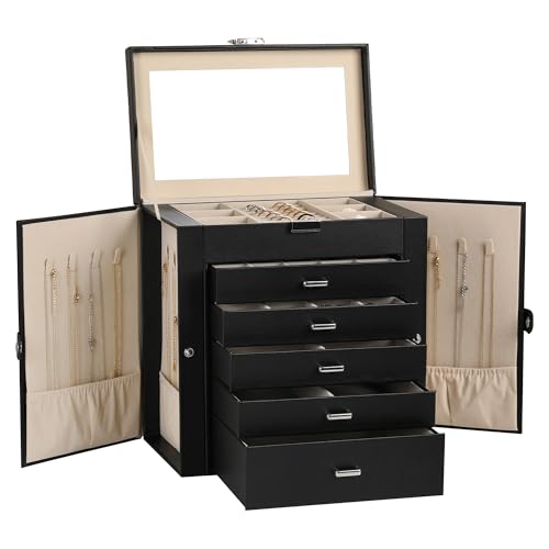 6-Layer Jewelry Box for Women,Large Jewelry Organizer with Drawer | Faux Leather,Built-in Mirror,Spacious Jewelry Storage,16 Necklace Hooks,Organizing by Category for Rings Earrings Bracelet - color: Black, size: Large