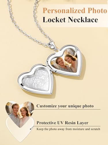 Custom4U Personalized Heart Locket Necklace with Pictures,Sunflower/Angel Wings/Heart Shaped Lockets Custom Photo,Gold/Rose Gold/White Lockets That Holds Picture,Customized Memorial Jewelry for Women - color: A-Heart-Steel(Locket + Photo)