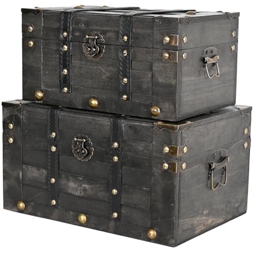 Wooden Vintage Luggage Trunks Set of 2, Decorative Antique Suitcase Storage | Boxes with Hinged Lids, Old Fashioned Treasure Chest Organizer for Home, Tabletop & Rustic Decor, Black - color: Black, size: 11" x 13"