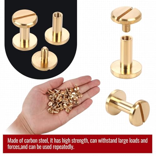 Brass Chicago Binding Screws -4mm x 8mm Binding Posts -10mm Phillips Nut -Chicago Screw Binding Post Screw Kit for DIY Leather Decoration Scrapbook Photo Albums Bookbinding (Brass, 25 PCS) - size: 4mm x 8mm